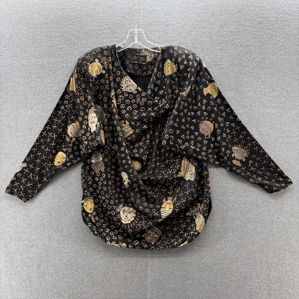 VTG 80s Alik Singer NY Blouse Womens Medium Black Silk Faces Print Cowl Neck Top